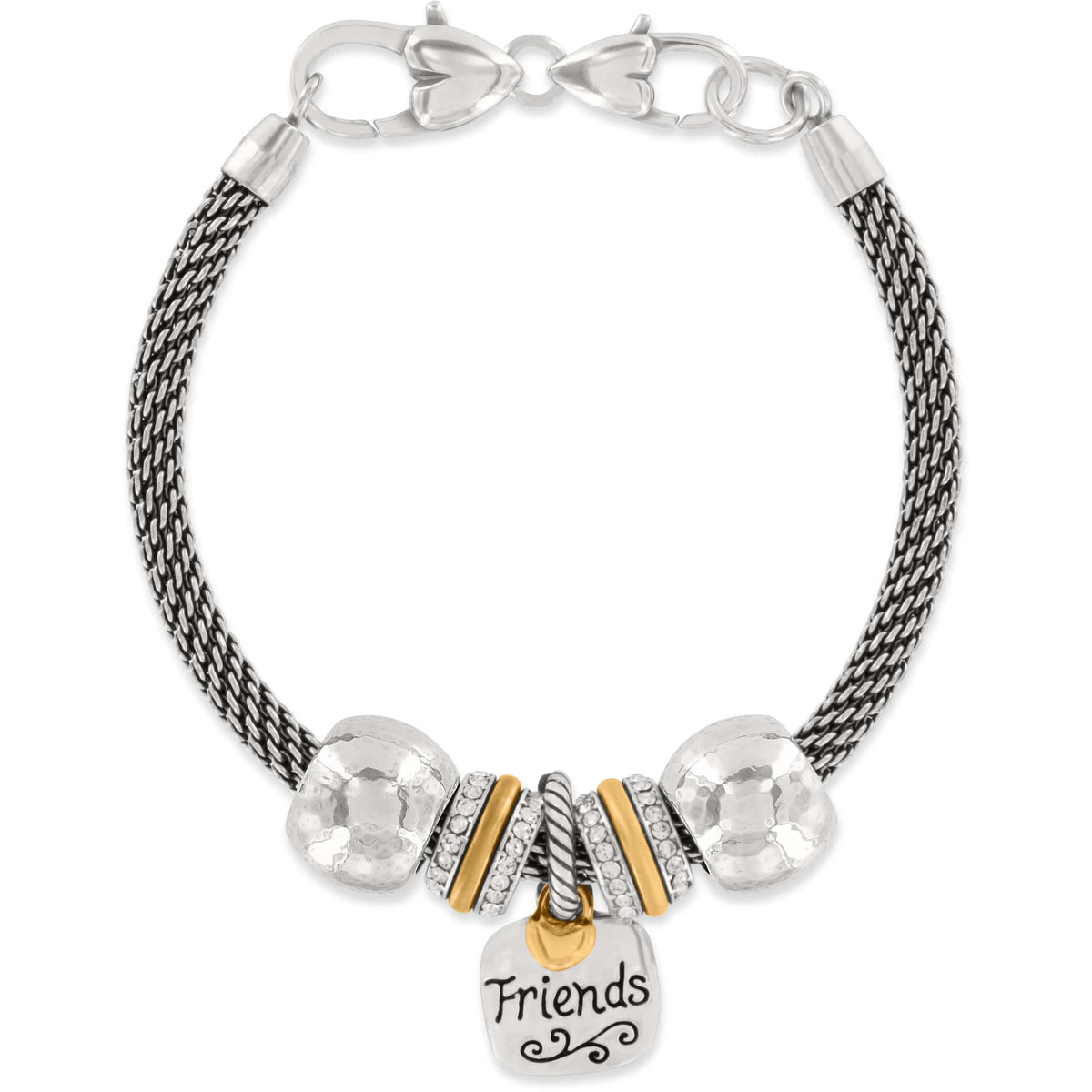 Brighton charm bracelet with silver-plated mesh chain, hammered beads, gold-plated accents, and Friends heart charm on a white background