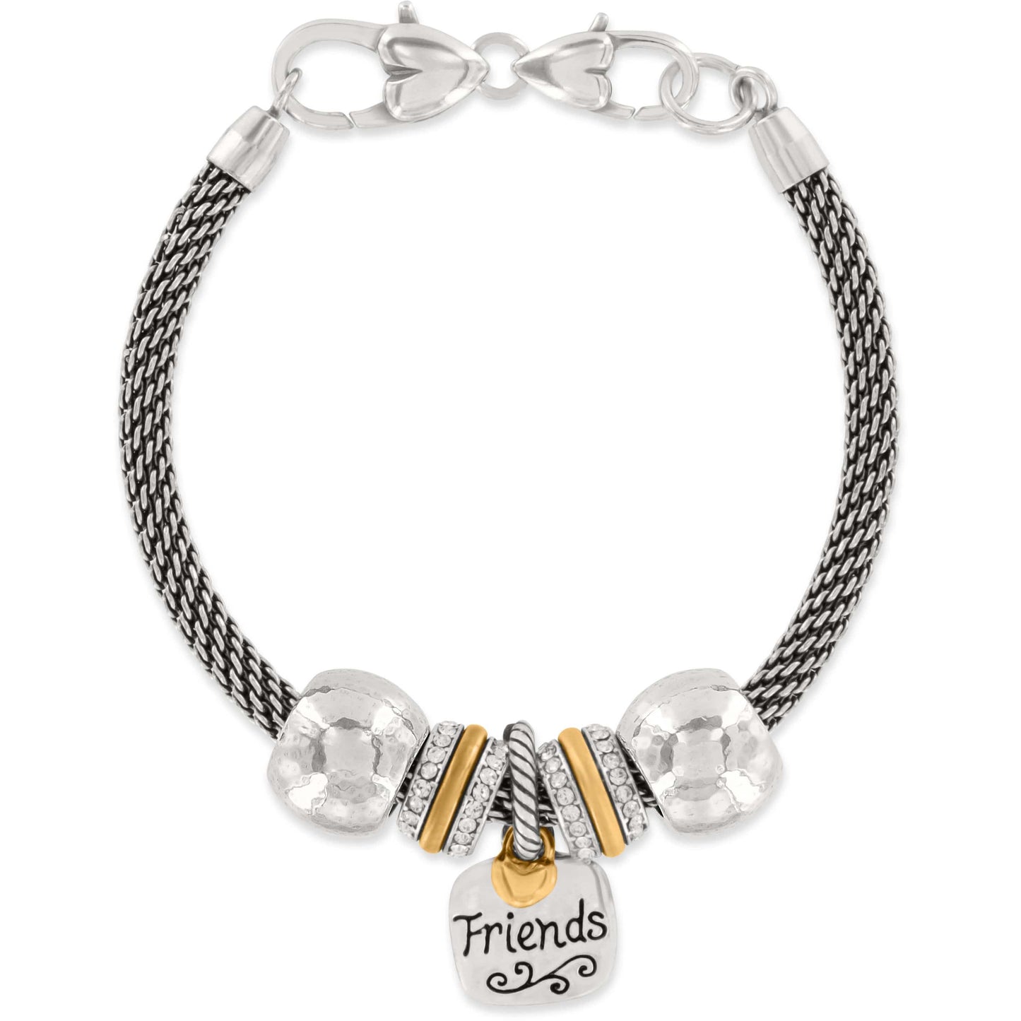 Brighton charm bracelet with silver-plated mesh chain, hammered beads, crystal rondelles, and gold-plated Friends charm on a white background