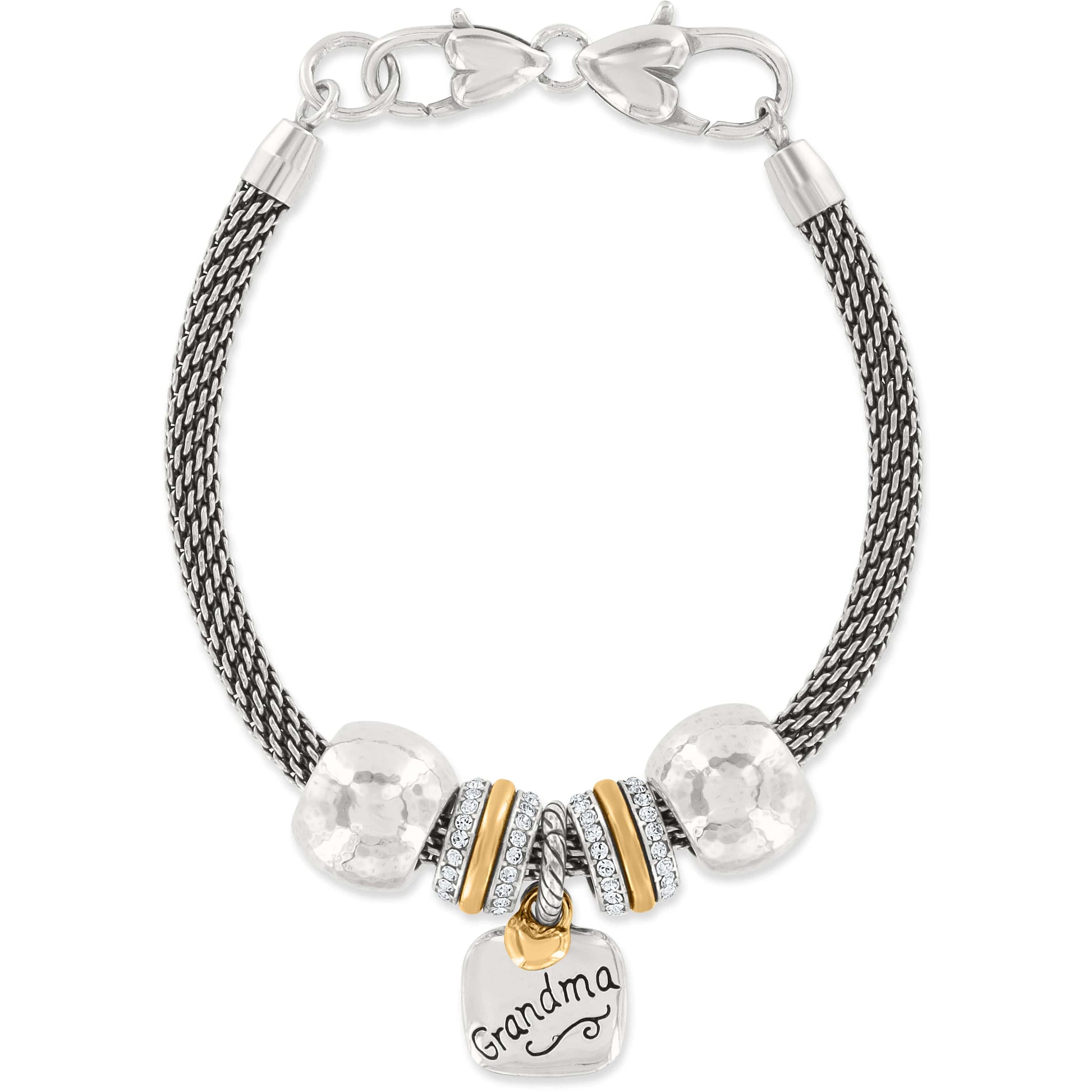 Brighton charm bracelet with silver-plated mesh chain, hammered beads, gold-plated accents, crystals, and Grandma charm on a white background