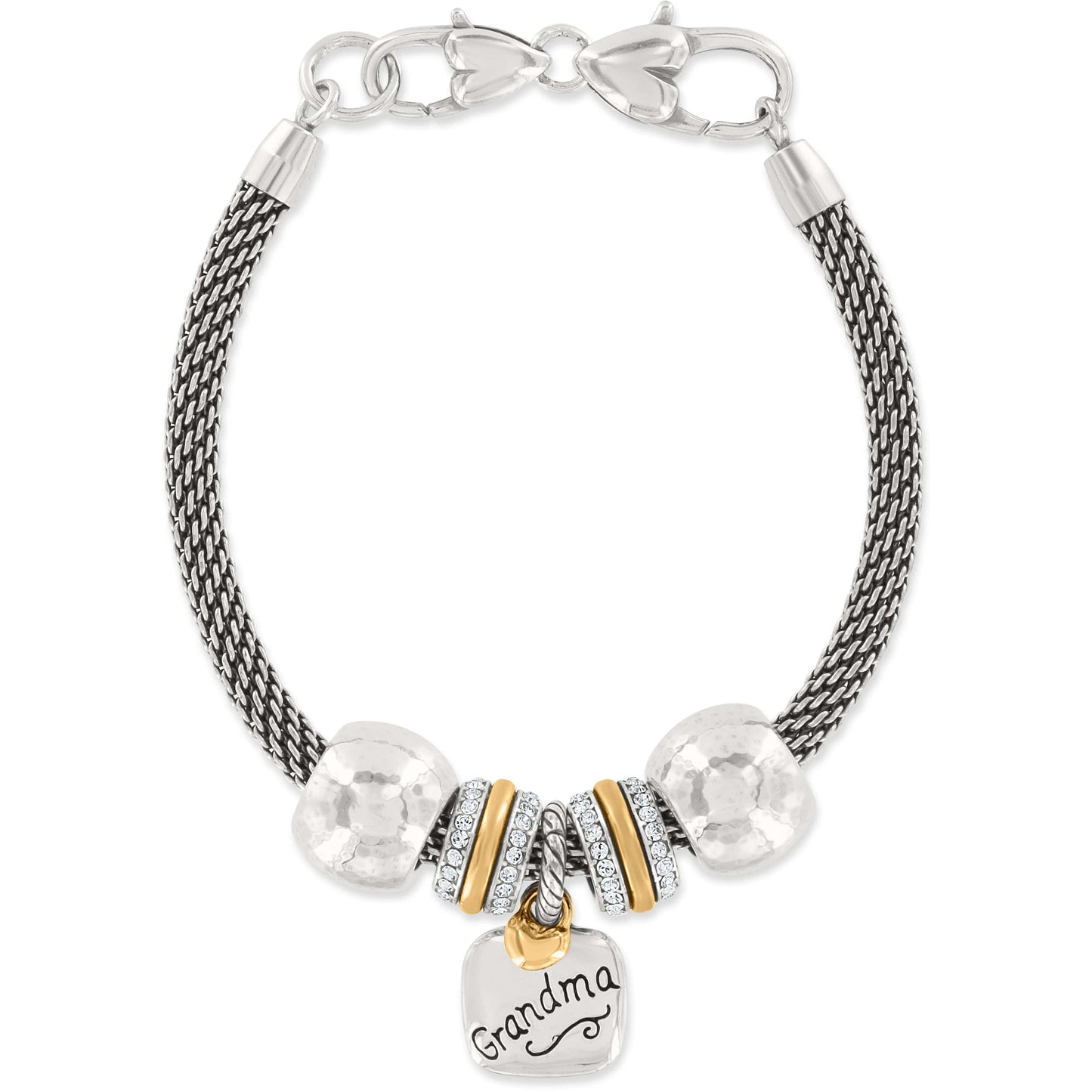 Brighton charm bracelet with silver-plated mesh chain, hammered beads, gold-plated accents, crystals, and Grandma charm on a white background