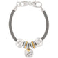 Brighton charm bracelet with silver-plated mesh chain, hammered beads, crystal spacers, and Grandma charm on a white background