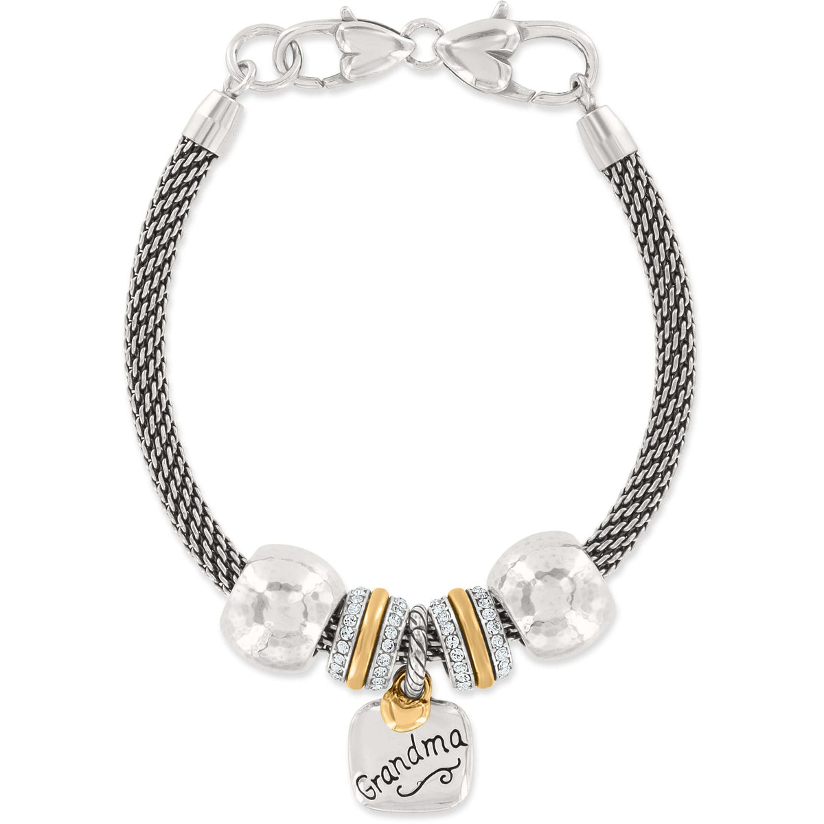 Brighton charm bracelet with silver-plated mesh chain, hammered beads, crystal spacers, and Grandma charm on a white background