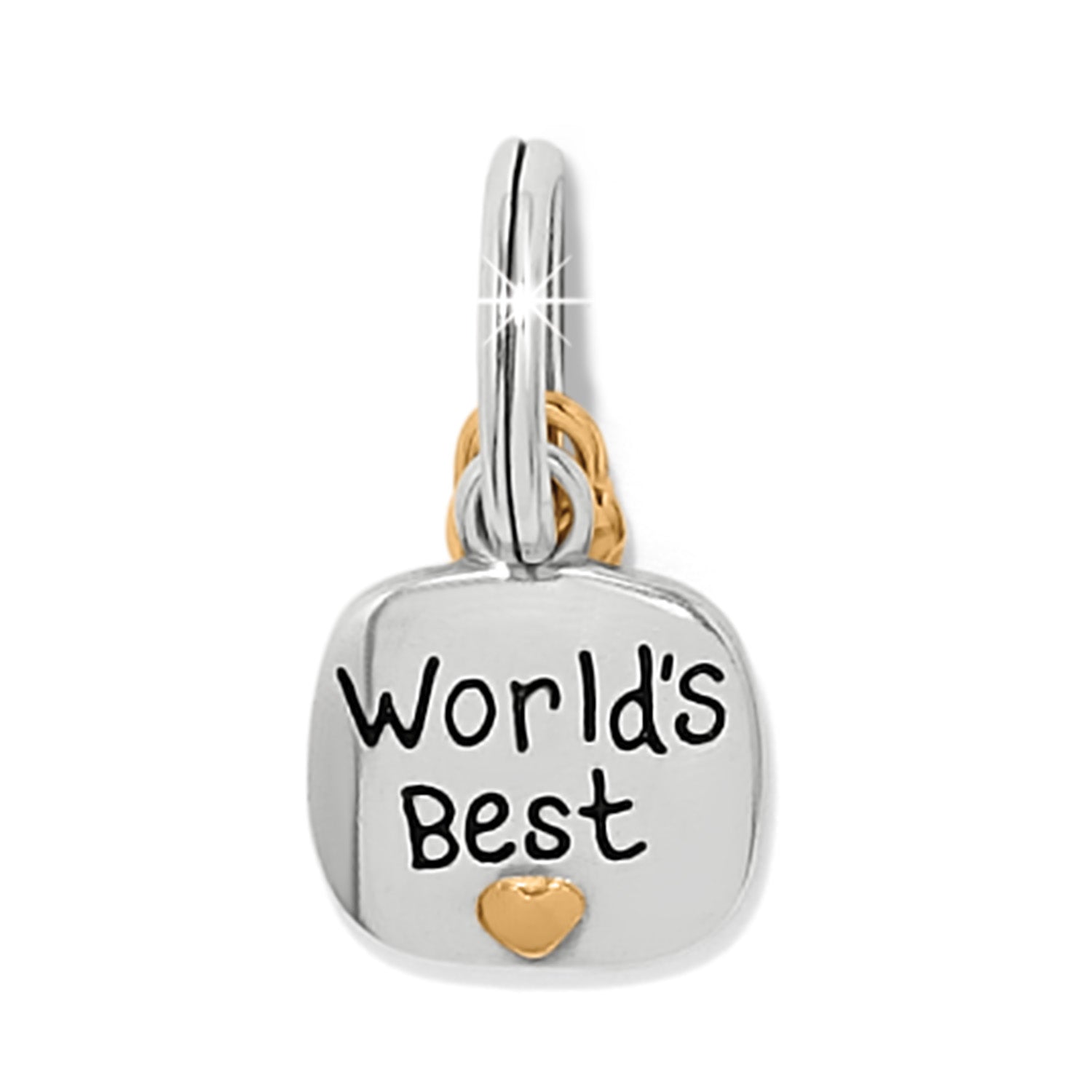Brighton charm with silver-tone square engraved World's Best, gold-tone heart accent and split rings on a white background