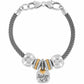 Brighton charm bracelet with silver-plated mesh chain, hammered beads, crystal spacers, and gold-plated Sister charm on a white background