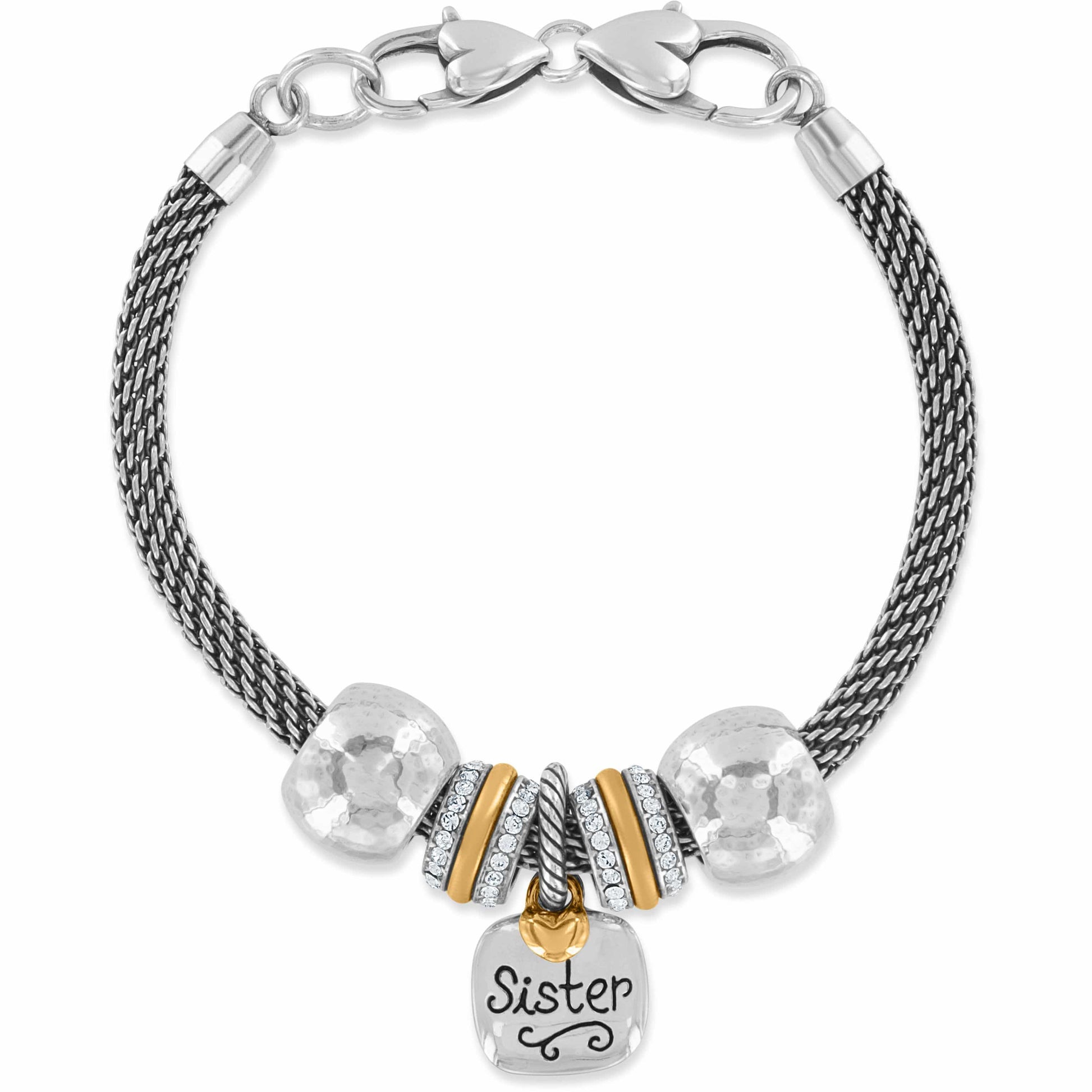 Brighton charm bracelet with silver-plated mesh chain, hammered beads, crystal spacers, and gold-plated Sister charm on a white background