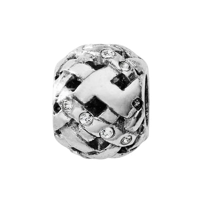 Brighton silver-plated bead charm with woven lattice pattern and scattered crystal accents on a white background