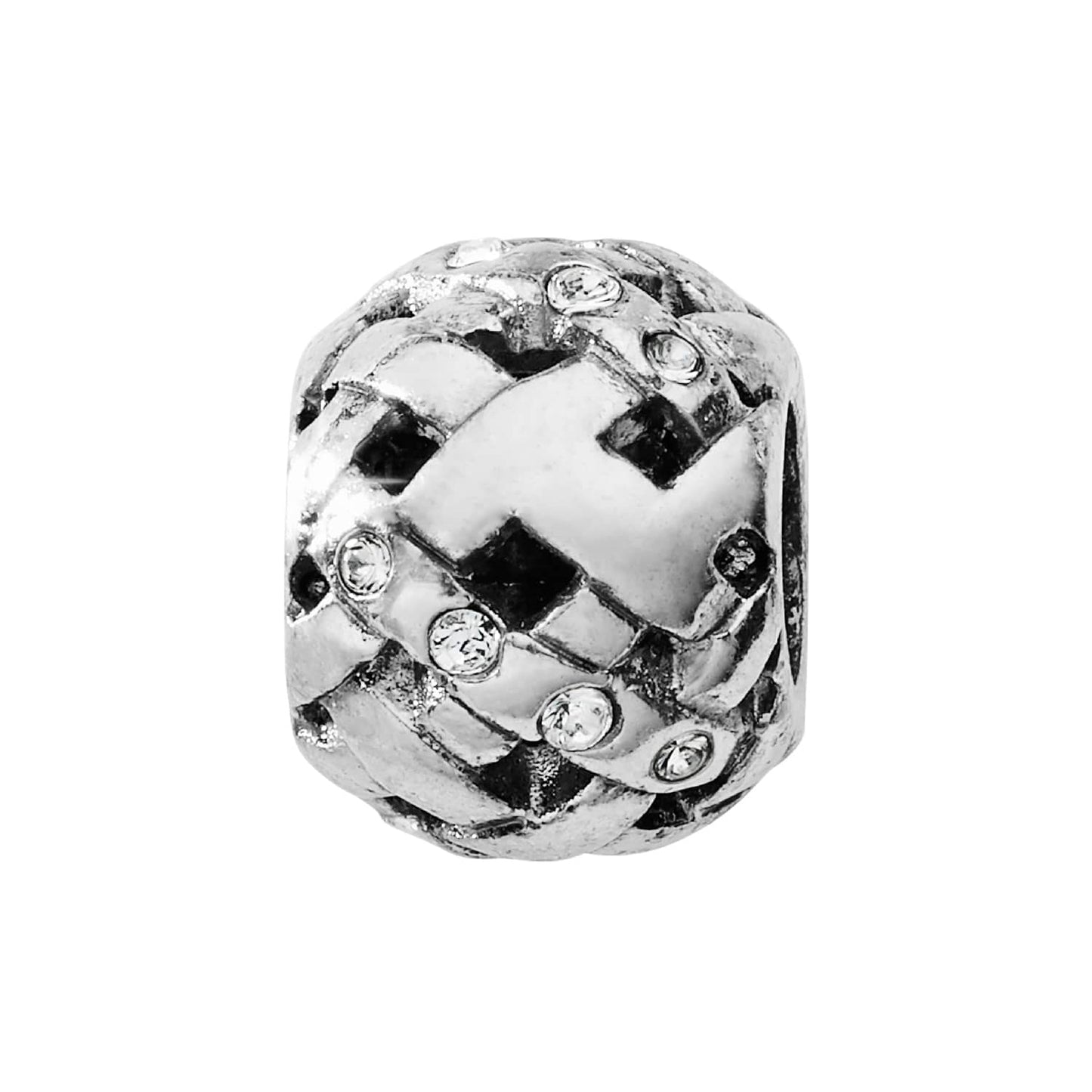 Brighton silver-plated bead charm with woven lattice pattern and scattered crystal accents on a white background