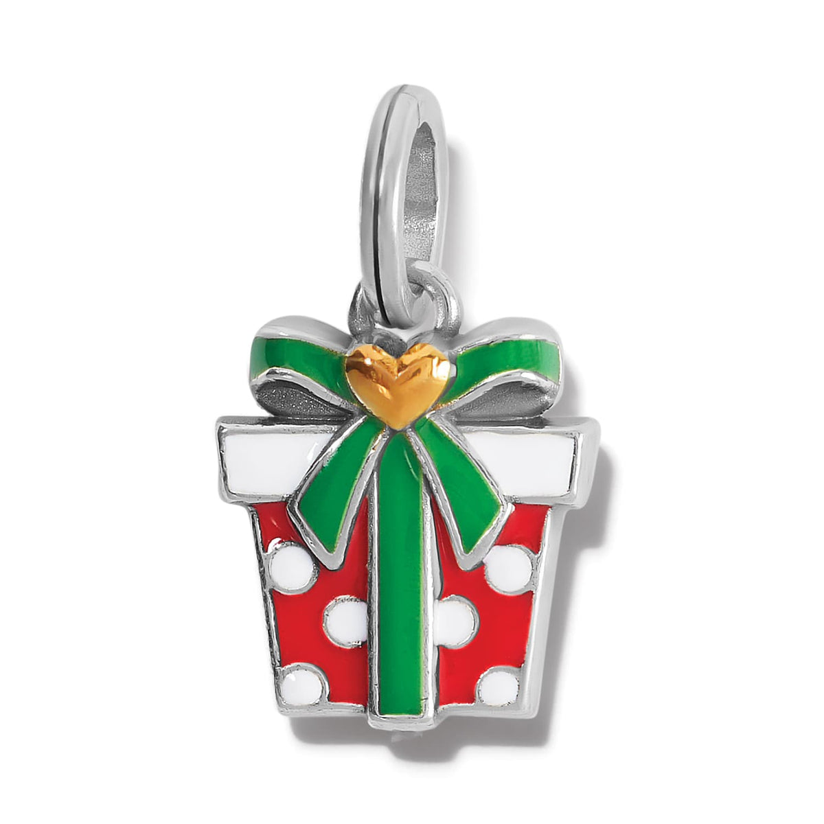 Brighton charm shaped like a wrapped gift with red enamel, green bow, and gold heart on a white background