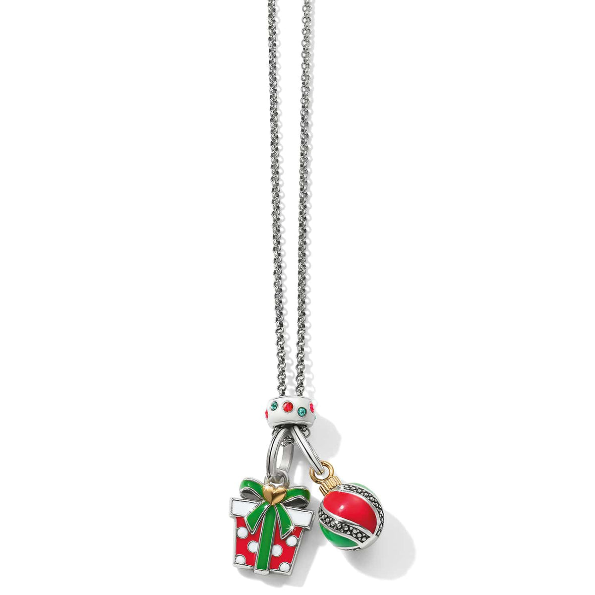 Brighton charm necklace with silver-plated chain, enamel gift box, and ornament charms with crystal accents on a white background