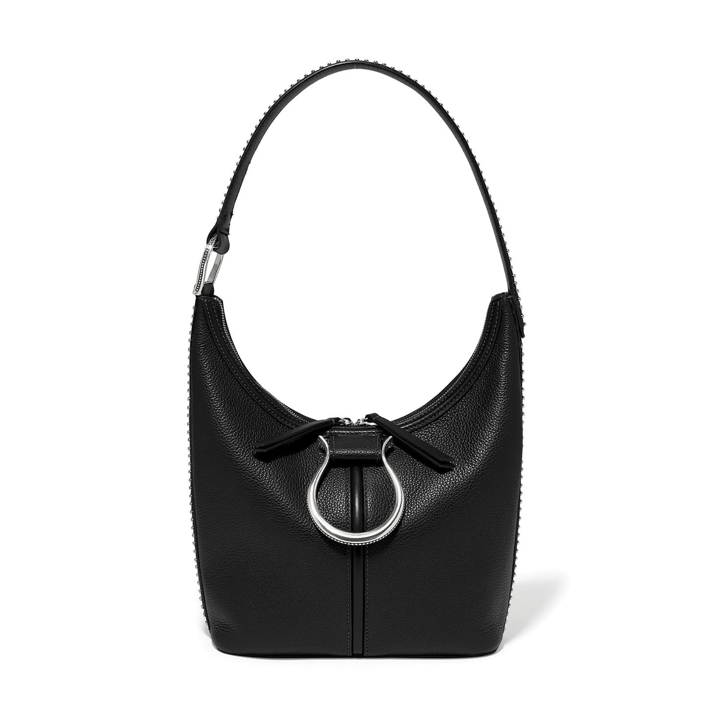 Brighton black pebbled leather hobo handbag with silver-tone ring hardware and beaded trim on a white background