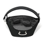 Brighton black handbag shown open with patterned interior lining, studded strap, and silver-tone hardware on a white background