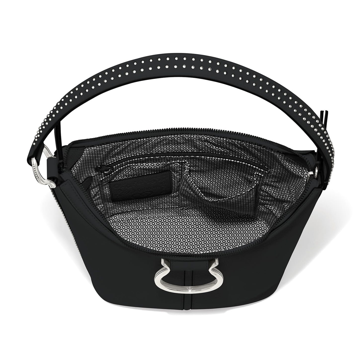 Brighton black handbag shown open with patterned interior lining, studded strap, and silver-tone hardware on a white background