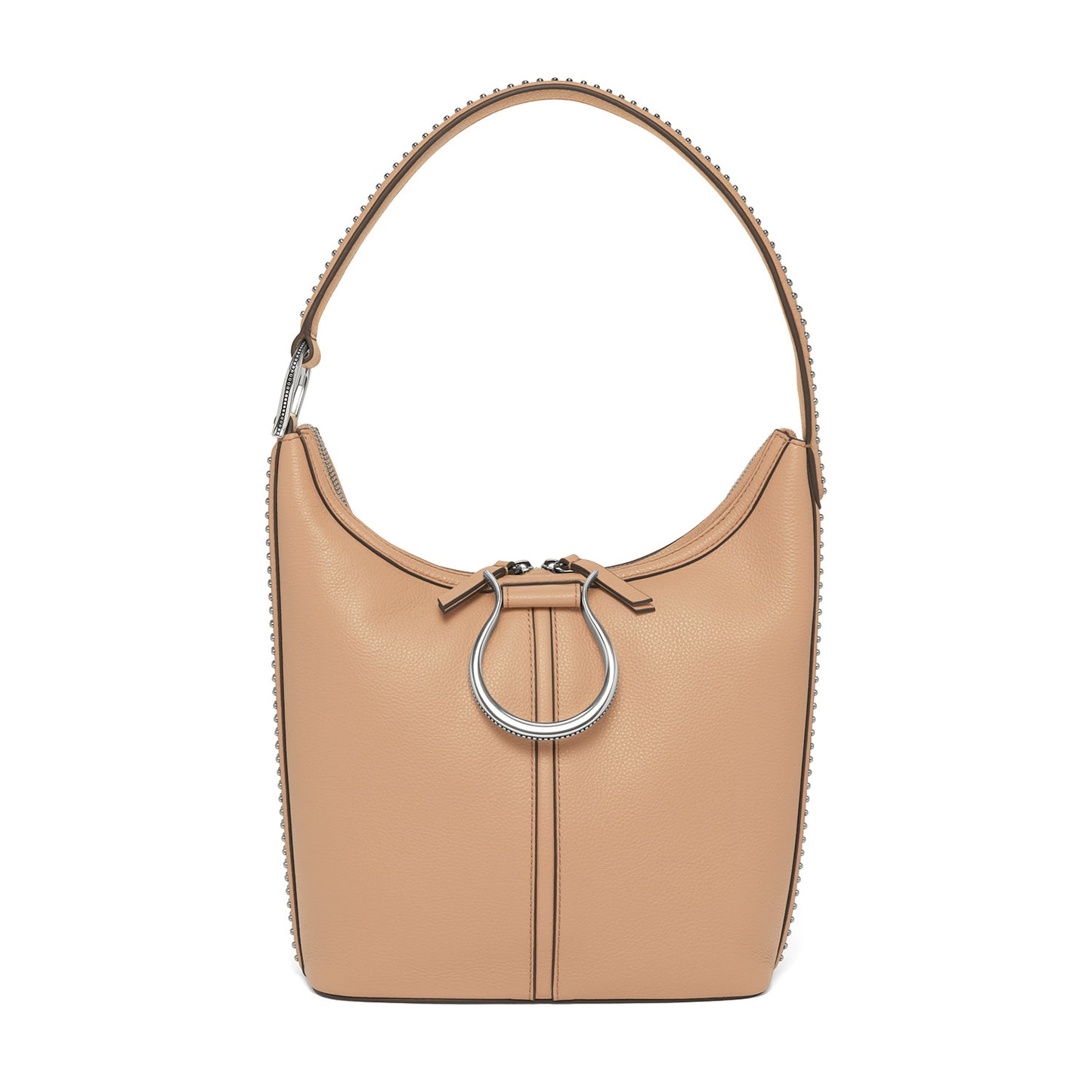 Brighton hobo handbag in tan pebbled leather with silver-tone ring hardware and studded strap trim on a white background