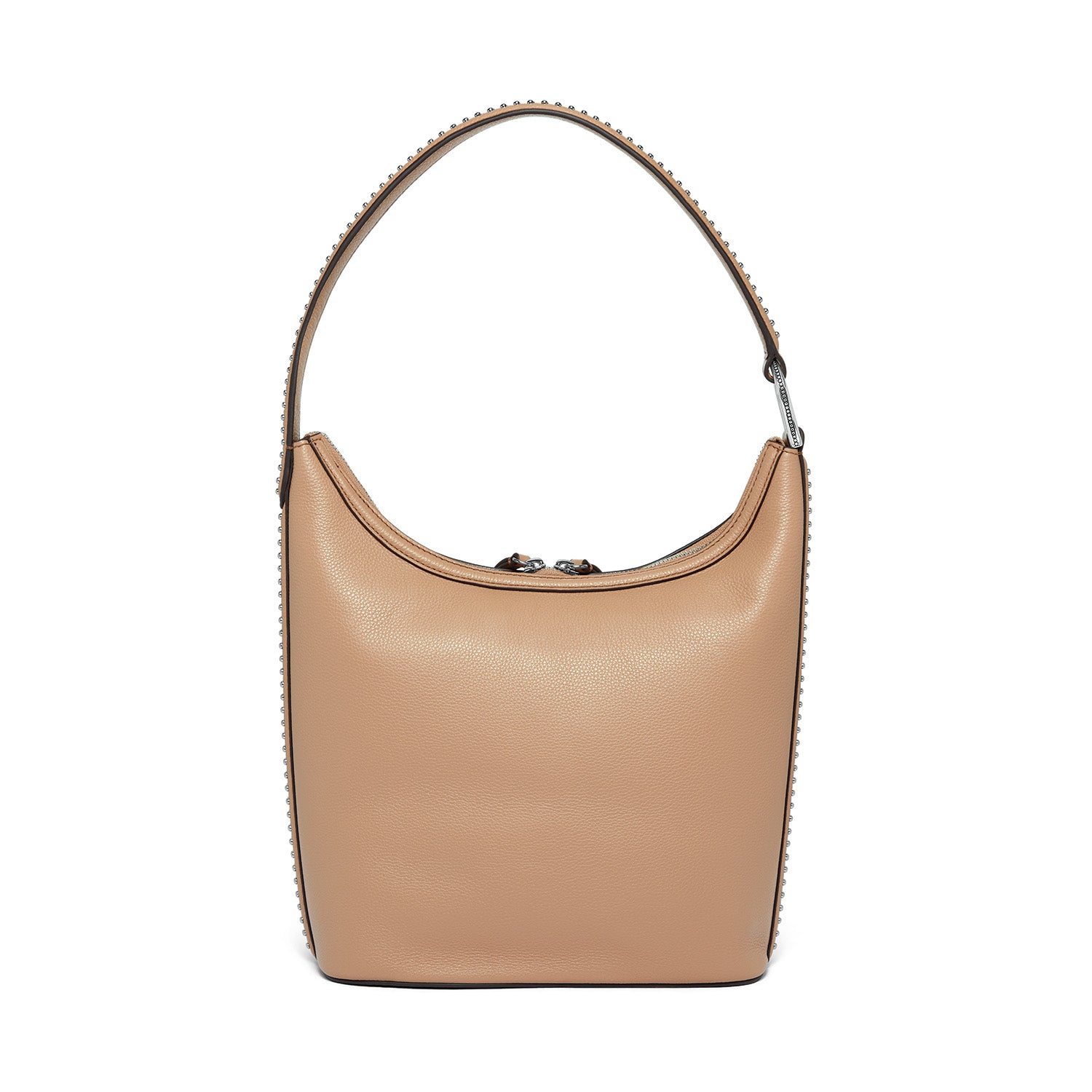Brighton hobo shoulder handbag in tan pebbled leather with silver-tone beaded trim and top handle on a white background