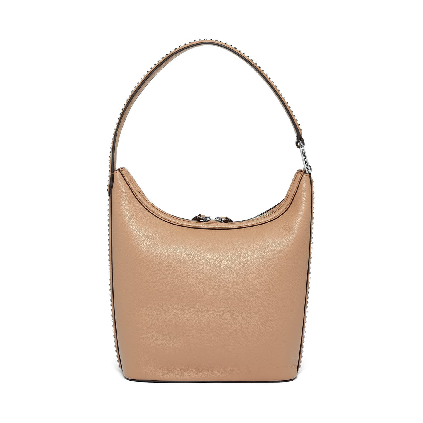 Brighton hobo shoulder handbag in tan pebbled leather with silver-tone beaded trim and top handle on a white background