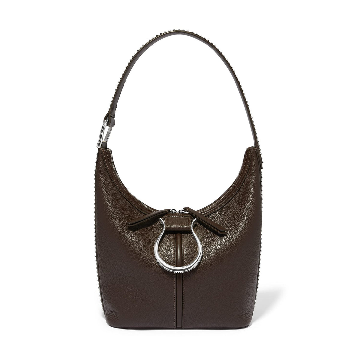 Brighton brown leather shoulder handbag with silver-tone ring hardware and beaded trim detailing on a white background