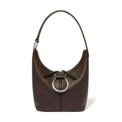 Brighton brown leather shoulder handbag with silver-tone ring hardware and beaded trim detailing on a white background