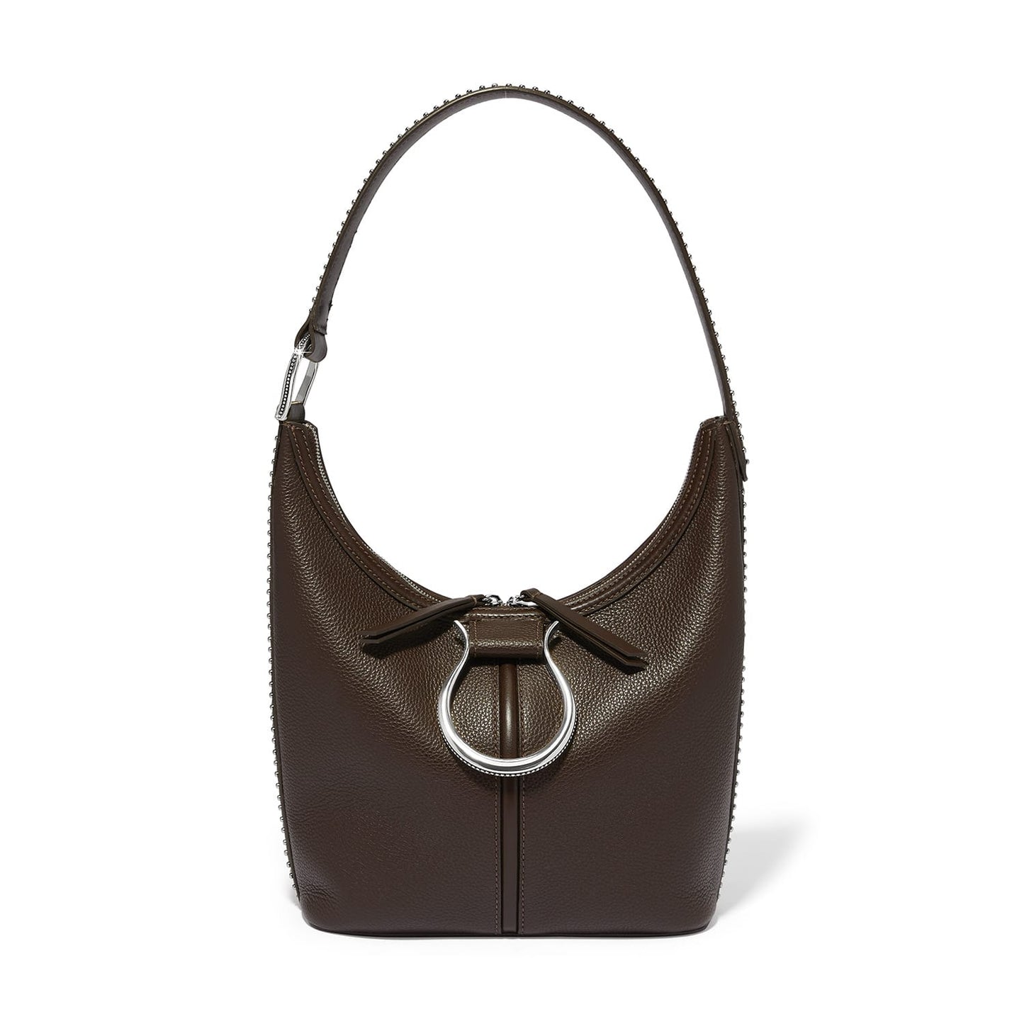 Brighton brown leather shoulder handbag with silver-tone ring hardware and beaded trim detailing on a white background