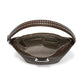 Brighton brown leather handbag shown open with patterned interior lining and studded shoulder strap on a white background