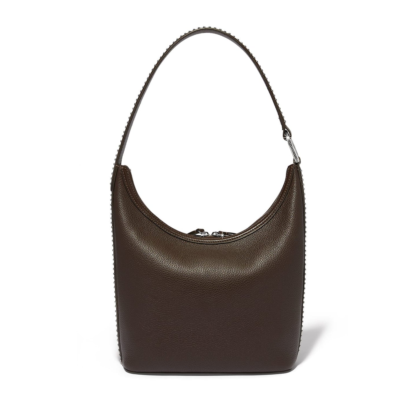 Brighton brown pebbled leather shoulder handbag with studded strap trim and silver-tone zipper on a white background
