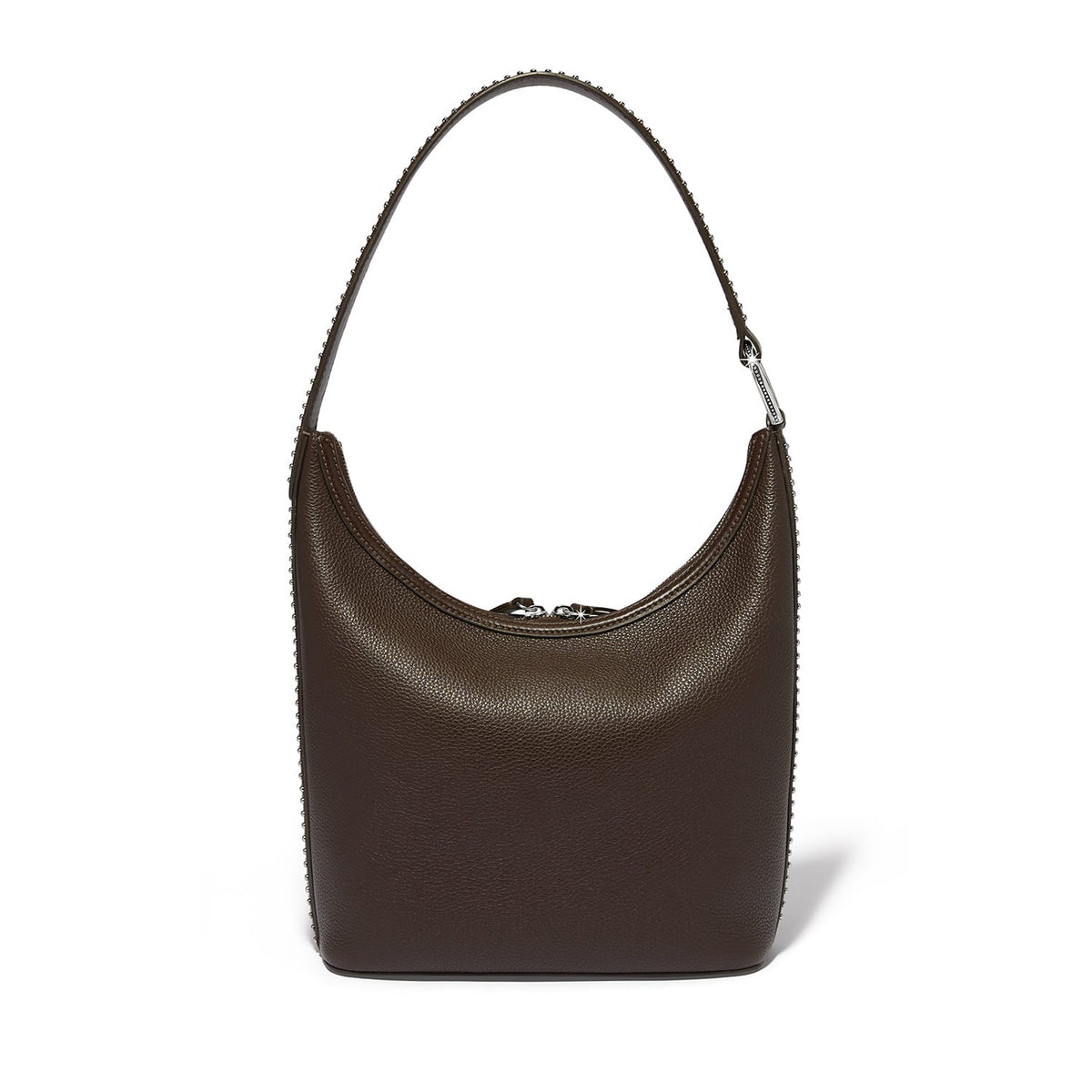 Brighton brown pebbled leather shoulder handbag with studded strap trim and silver-tone zipper on a white background