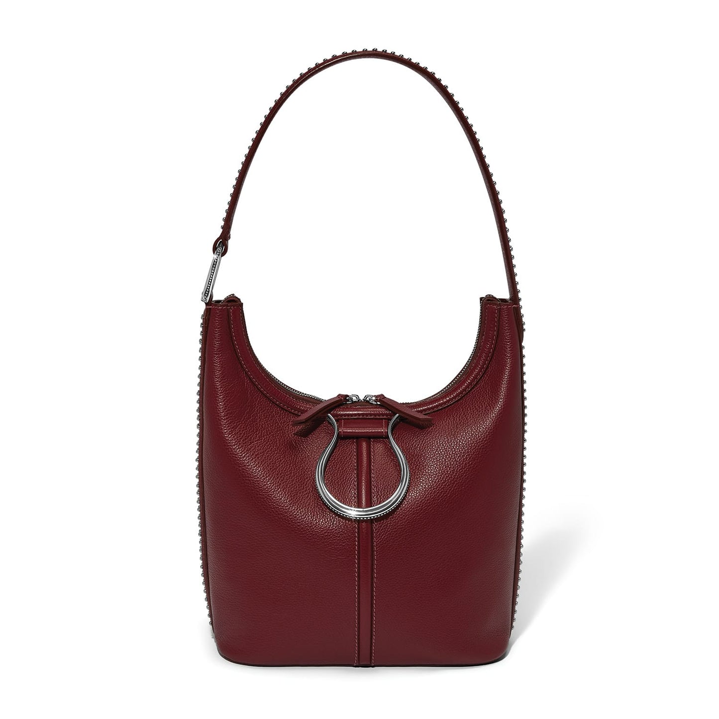 Brighton burgundy leather shoulder handbag with silver-tone ring hardware and beaded trim along edges on a white background