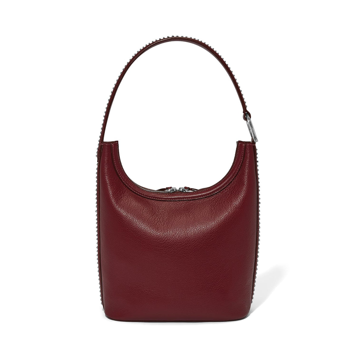Brighton burgundy leather shoulder handbag with pebbled texture, beaded trim, and curved top handle on a white background