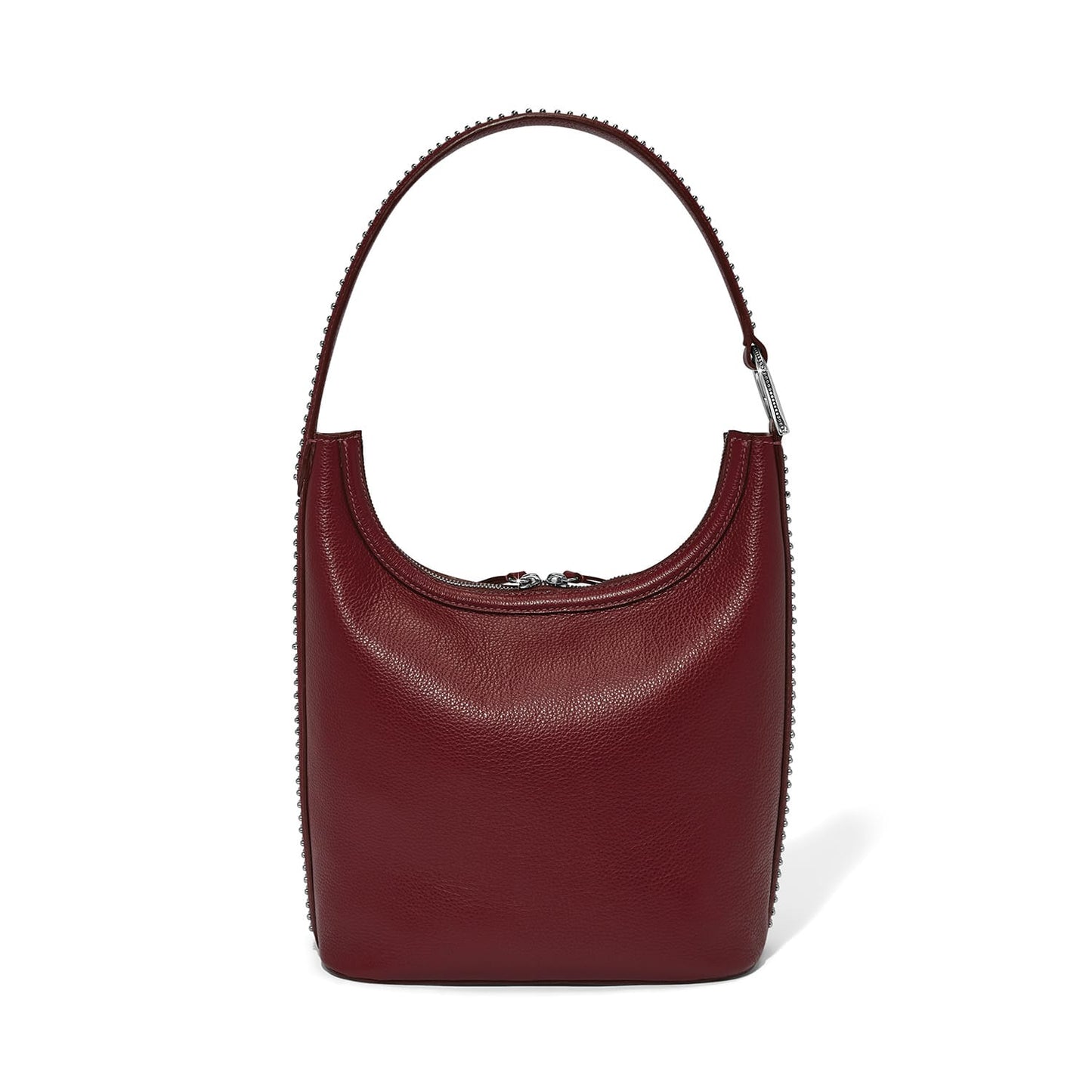 Brighton burgundy leather shoulder handbag with pebbled texture, beaded trim, and curved top handle on a white background