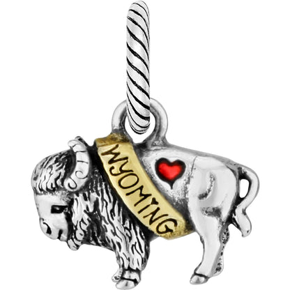 Brighton bison charm with two-tone finish, gold Wyoming banner, and red enamel heart accent on a white background