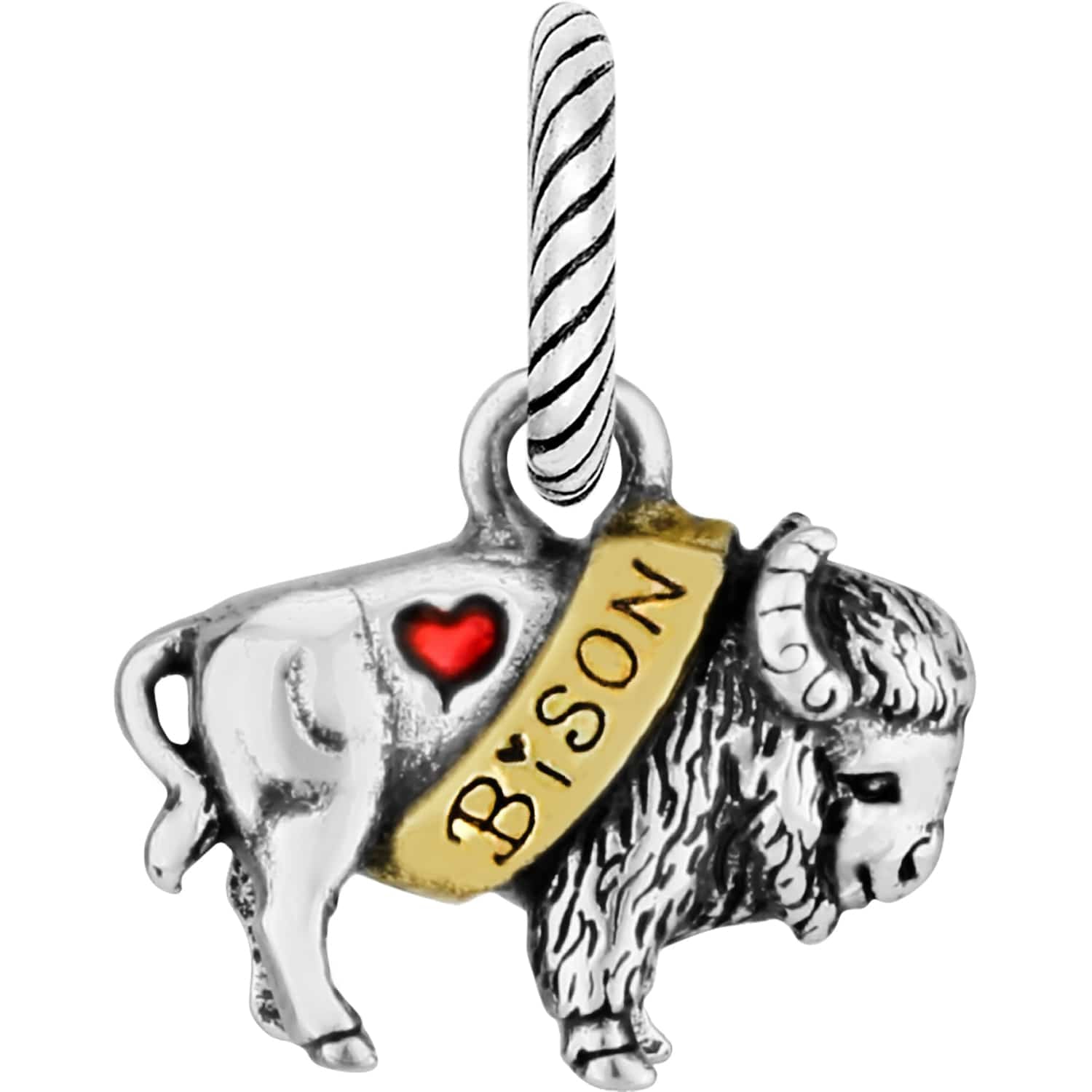 Brighton bison charm with two-tone finish, red heart accent, and gold Bison banner on a white background