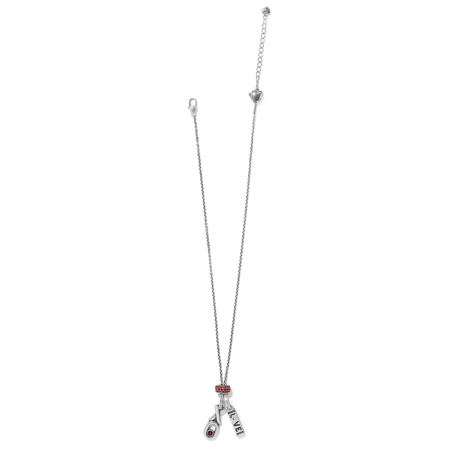Brighton silver-plated charm necklace with red crystal rondelle, love bar, and horseshoe charms on a white background