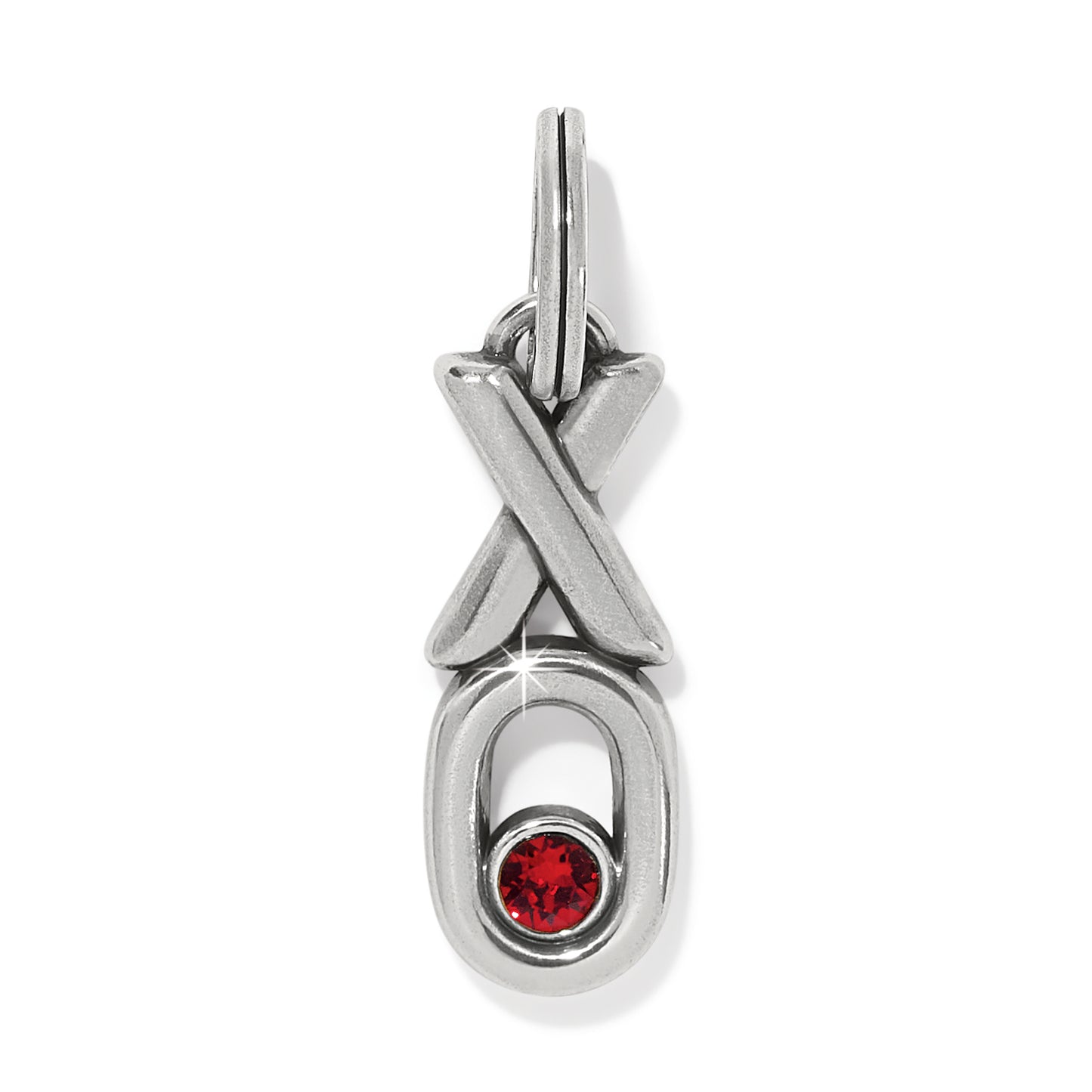 Brighton silver-plated charm with XO design and red crystal accent in the O on a white background