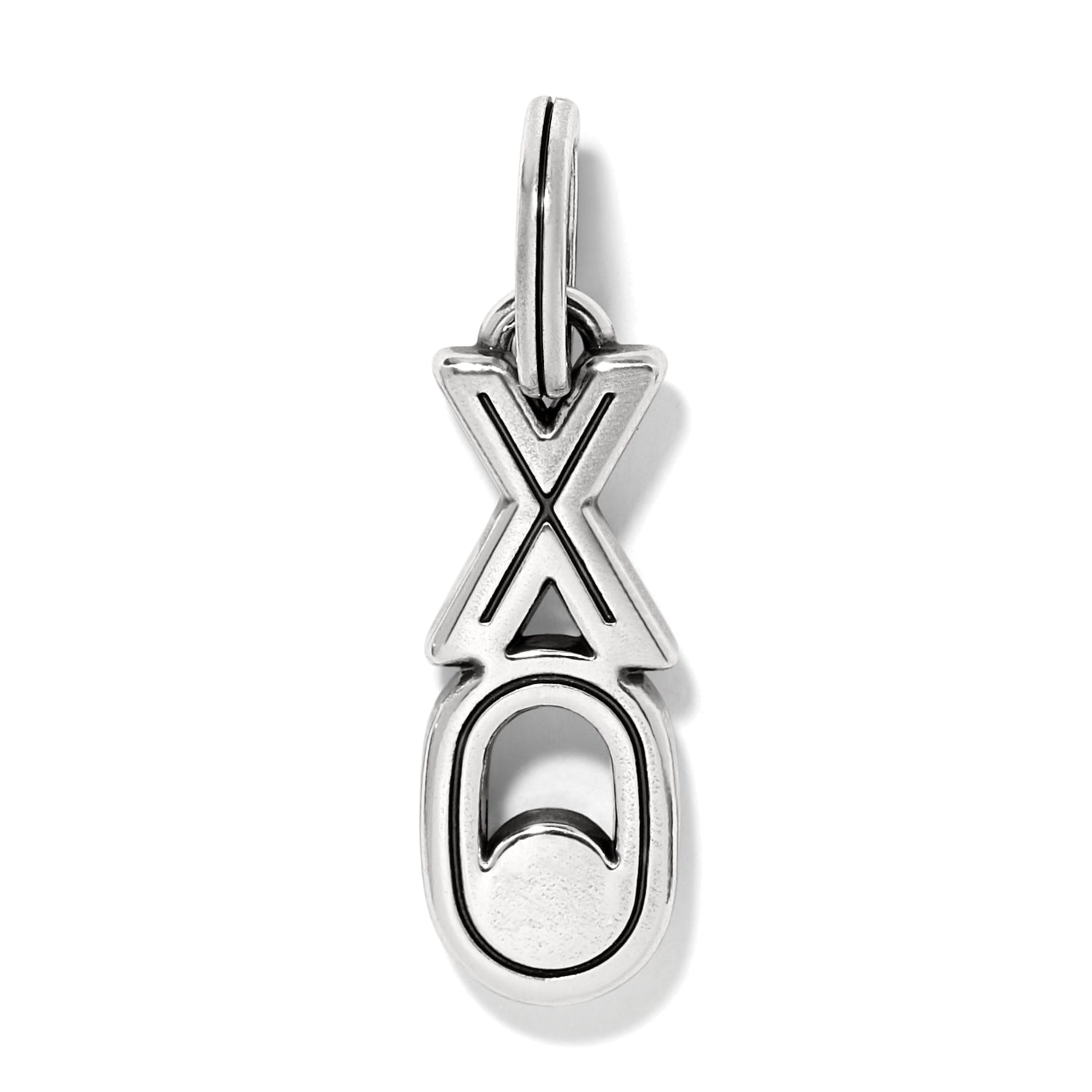 Brighton XO charm with silver-plated finish and black enamel detailing hanging from a jump ring on a white background