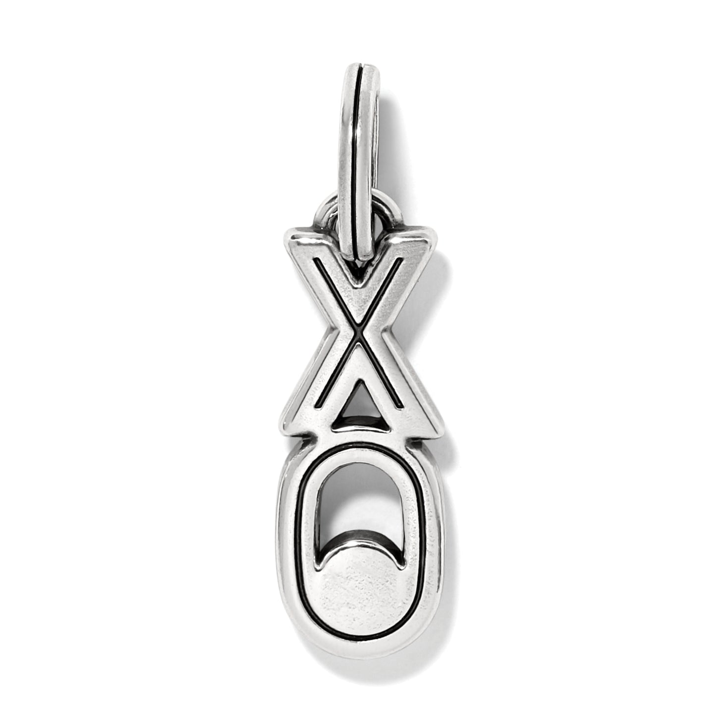 Brighton XO charm with silver-plated finish and black enamel detailing hanging from a jump ring on a white background