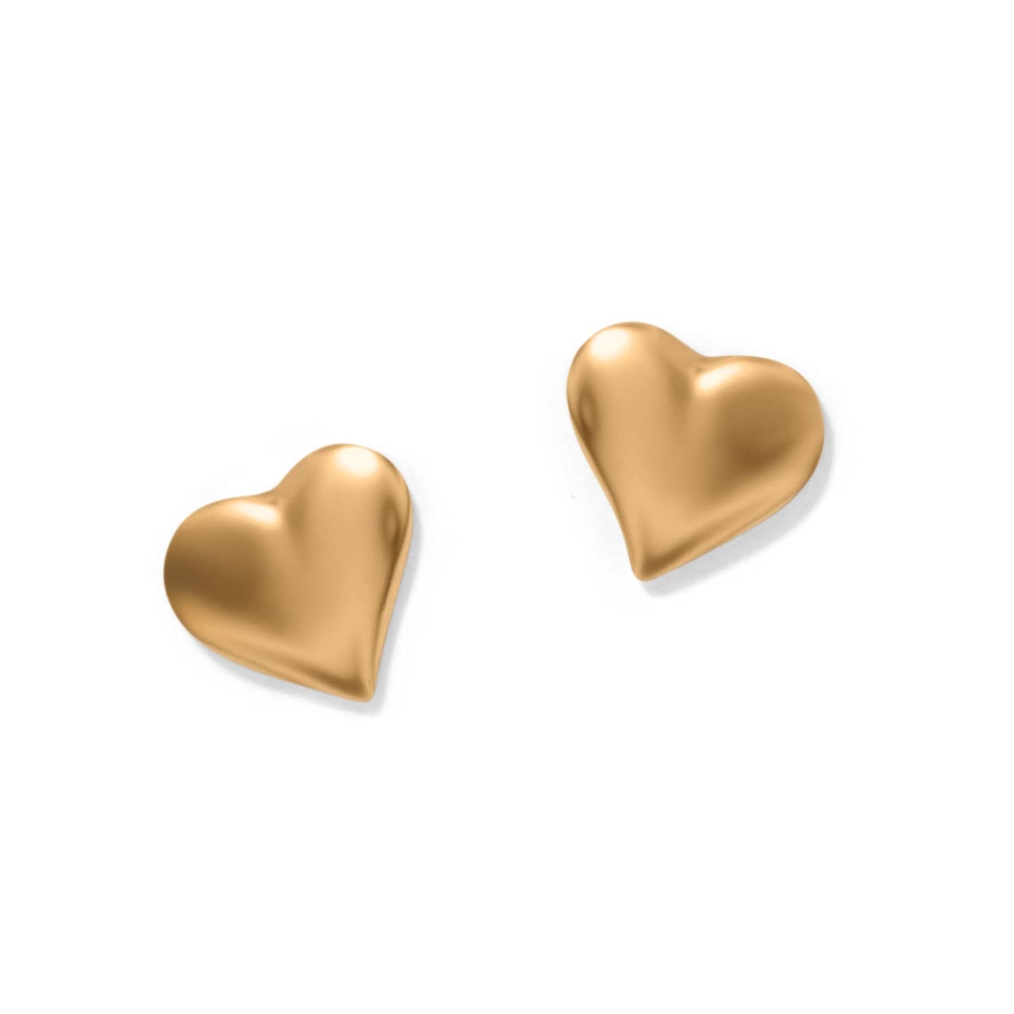 Brighton heart stud earrings with smooth puffed gold-plated finish shown at two sizes on a white background