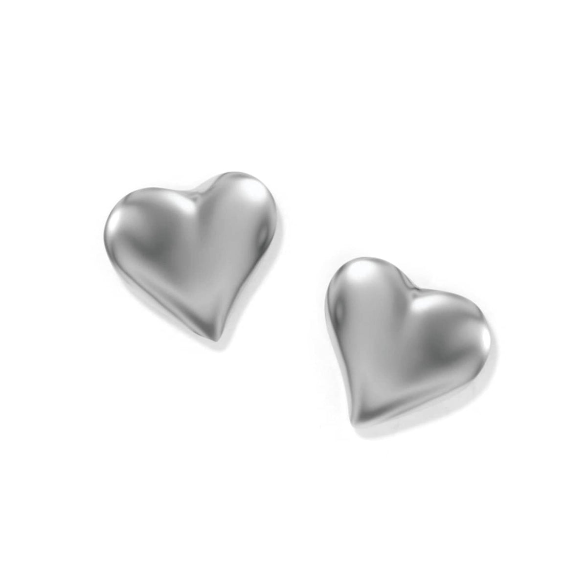 Brighton heart stud earrings with puffed silver-plated finish and smooth polished surface on a white background