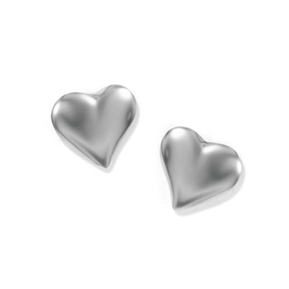 Brighton heart stud earrings with puffed silver-plated finish and smooth polished surface on a white background