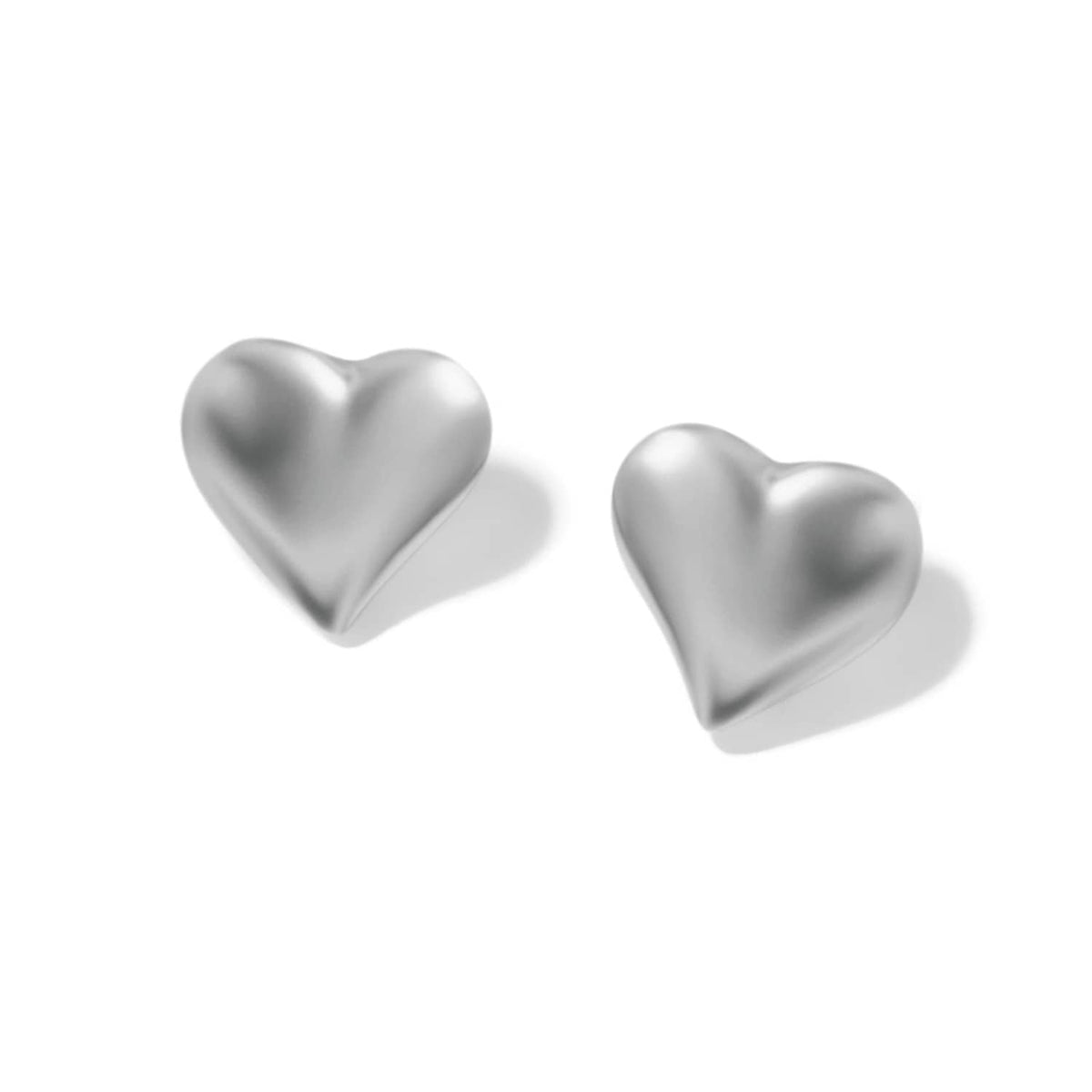 Brighton heart stud earrings with smooth puffed silver-plated finish shown side by side on a white background