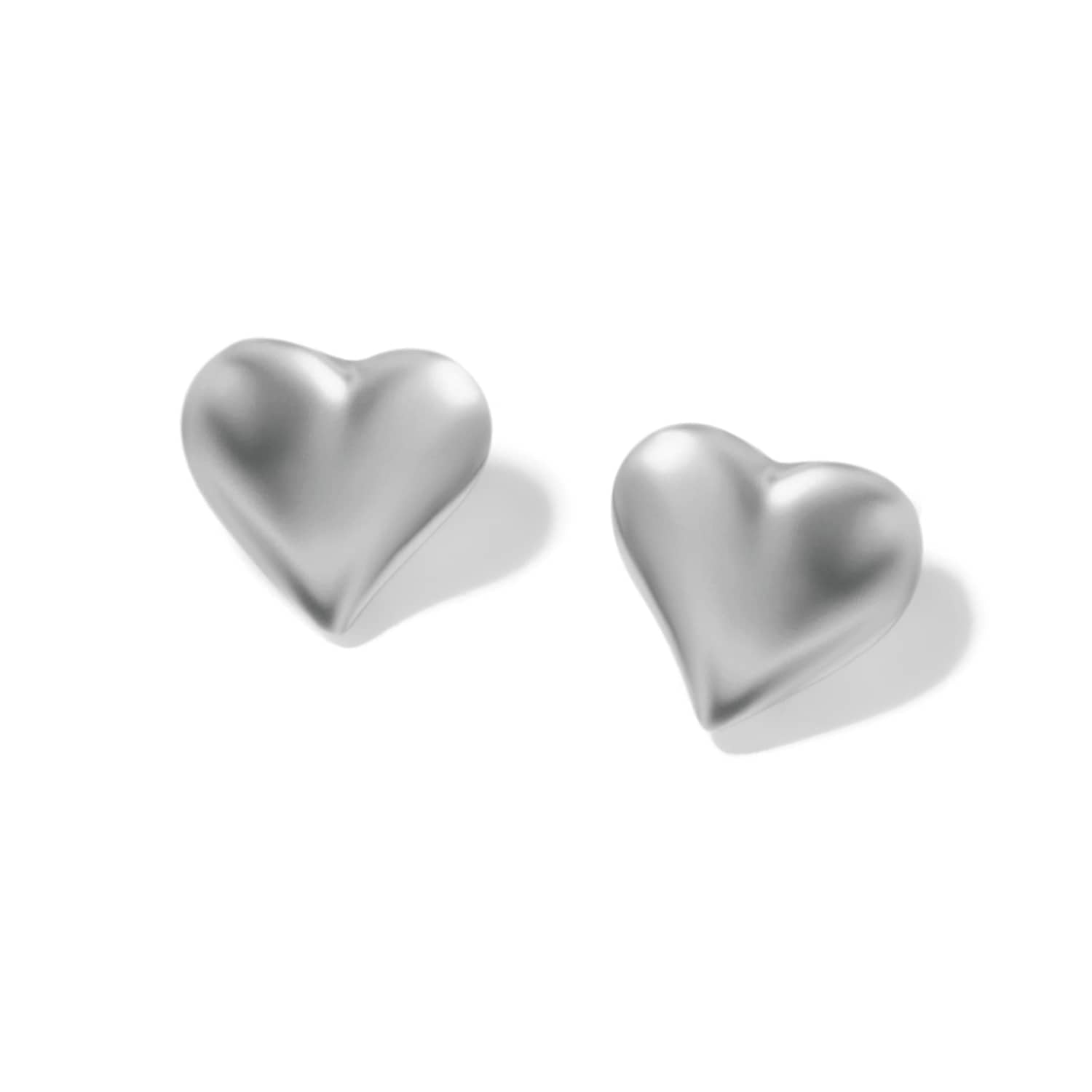 Brighton heart stud earrings with smooth puffed silver-plated finish shown side by side on a white background