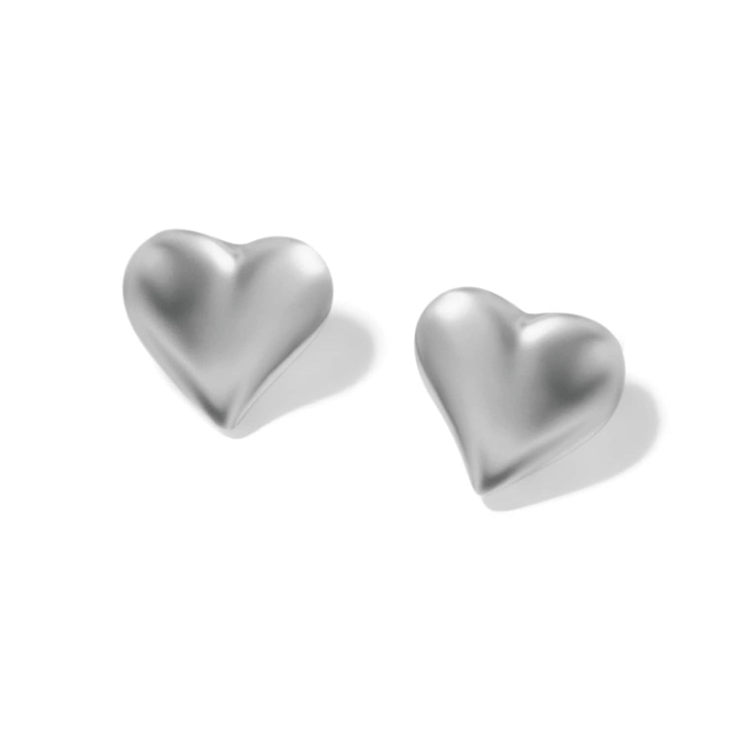 Brighton heart stud earrings with smooth puffed silver-plated finish shown side by side on a white background