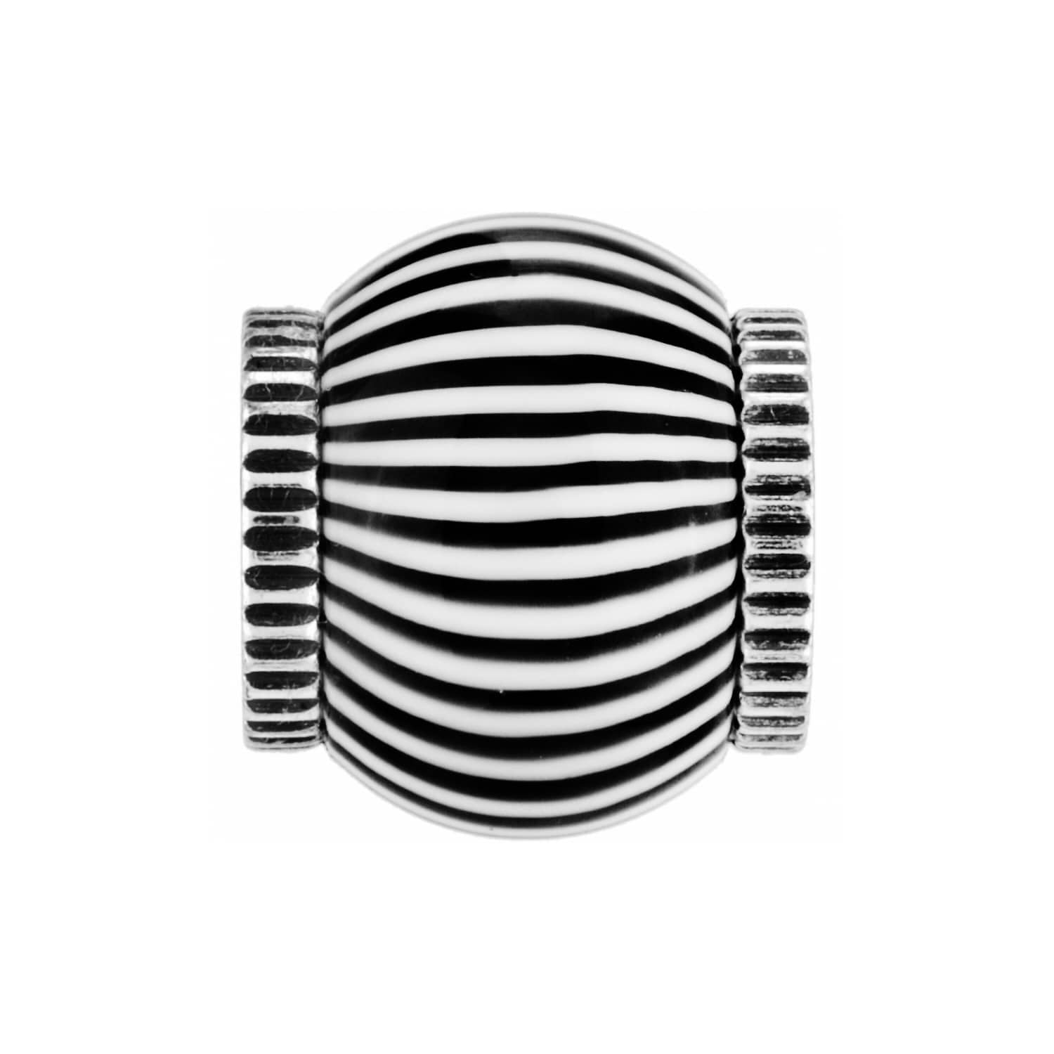 Brighton bead charm with black and white striped resin center and ribbed silver-tone end caps on a white background