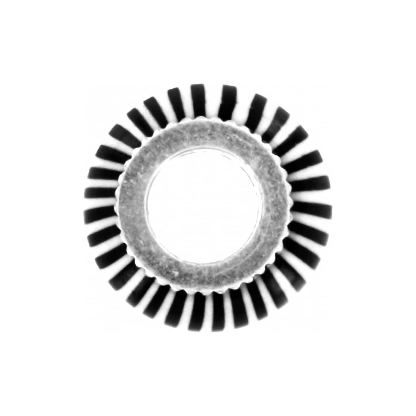 Brighton gear-shaped component with radial black bristle teeth around a silver-tone metal hub on a white background