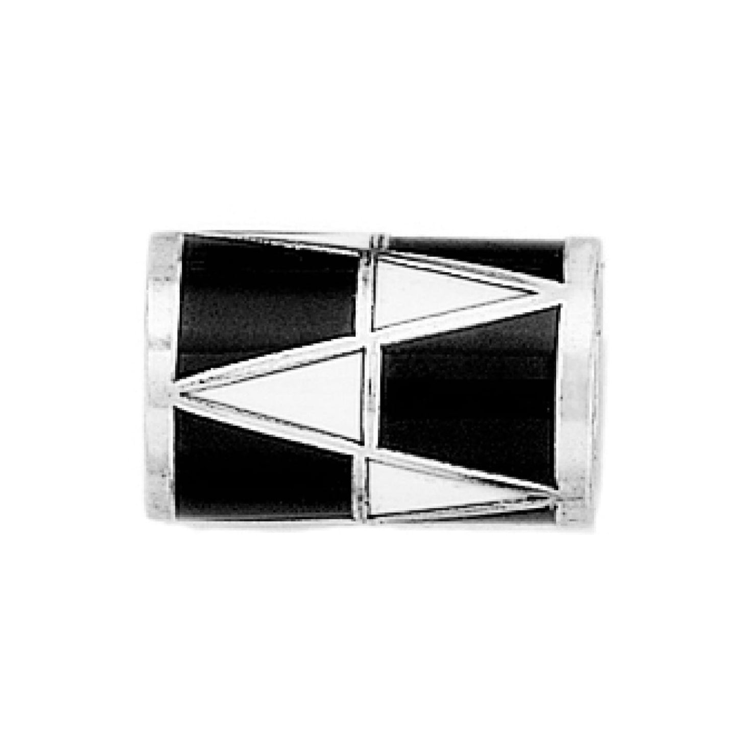 Brighton cylindrical bead with black enamel and silver-tone triangular geometric pattern on a white background