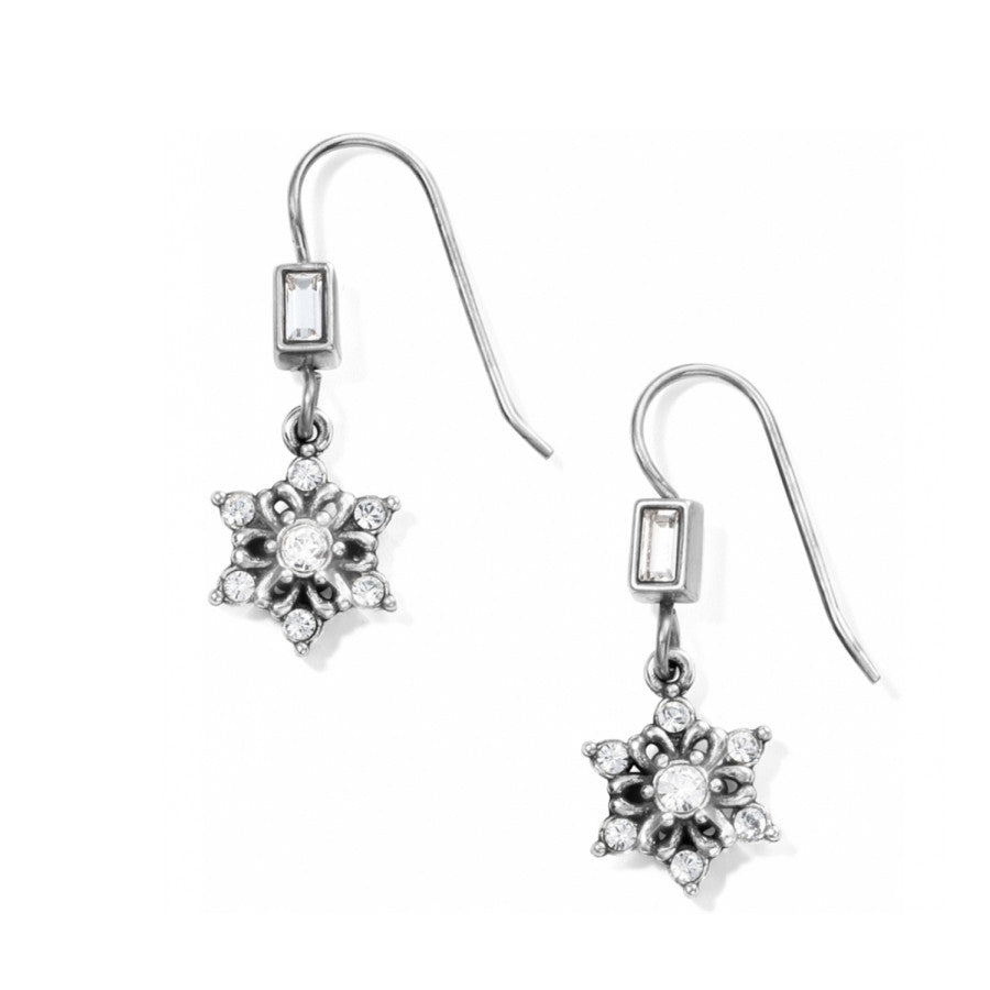 Brighton drop earrings with silver-plated snowflake charms and crystal accents on French hooks on a white background