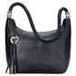 A black leather Barbados Ziptop Hobo handbag hangs by two braided straps with silver accents, featuring a heart-shaped charm and tassels on the zipper. The background is white.