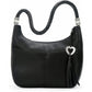 Barbados Ziptop Hobo a black leather handbag with a braided shoulder strap and silver decorative accents. A heart-shaped charm and tassel embellish the side.