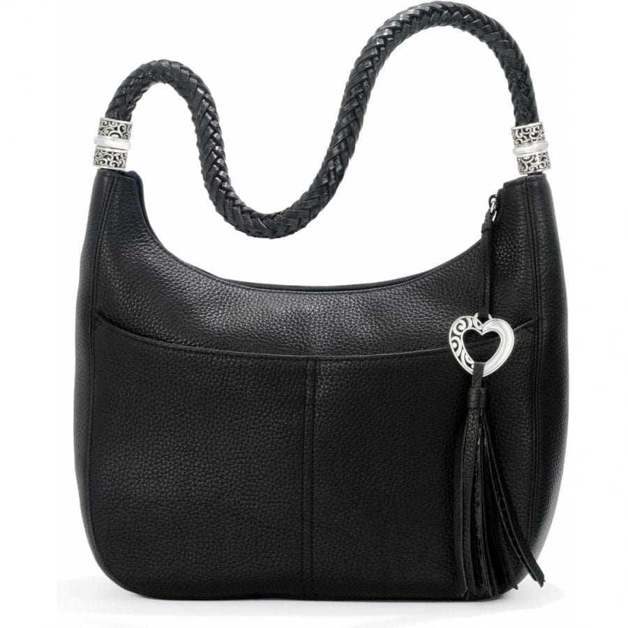 Barbados Ziptop Hobo a black leather handbag with a braided shoulder strap and silver decorative accents. A heart-shaped charm and tassel embellish the side.