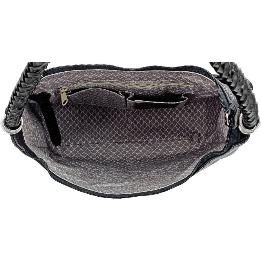 A black Barbados Ziptop Hobo handbag with woven handles is open, revealing its gray, textured interior with a zippered pocket and an open pouch inside. The bag is set against a white background.