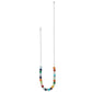 A Contempo Confetti Necklace featuring a silver chain and multicolored round beads, including turquoise, orange, green, and blue, is arranged decoratively at the bottom center of the chain.