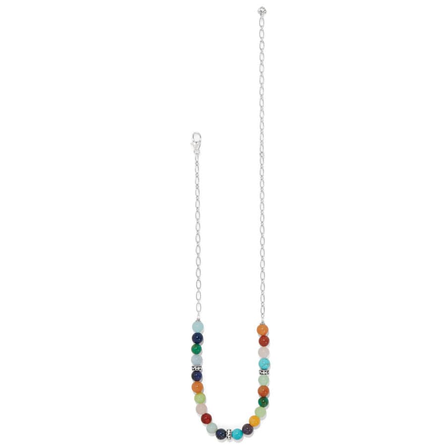 A Contempo Confetti Necklace featuring a silver chain and multicolored round beads, including turquoise, orange, green, and blue, is arranged decoratively at the bottom center of the chain.